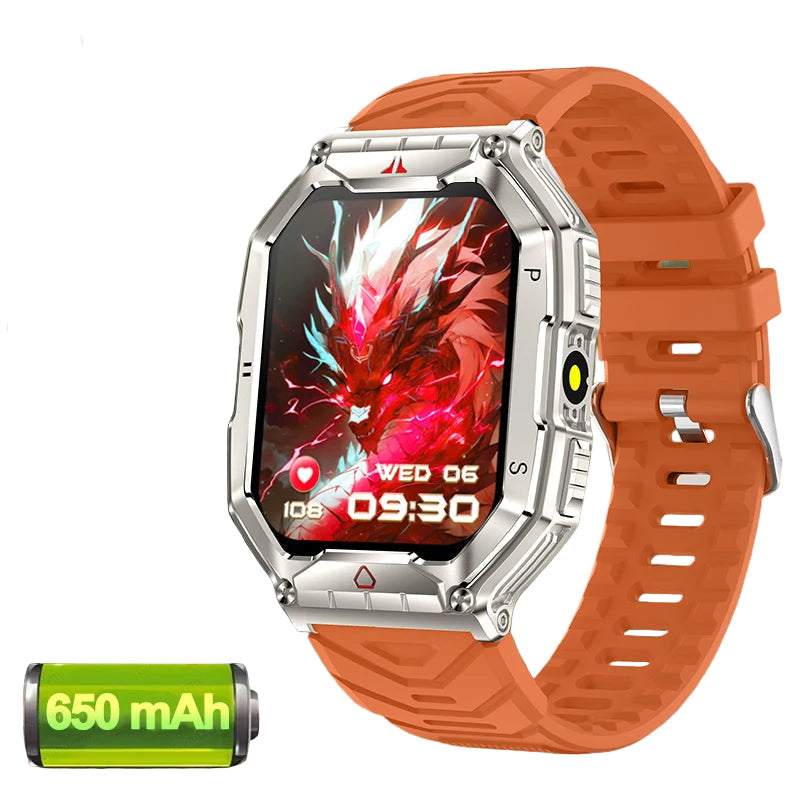 Smartwatch with orange band and dragon graphic on screen, featuring GUHUAVMI branding and product features.