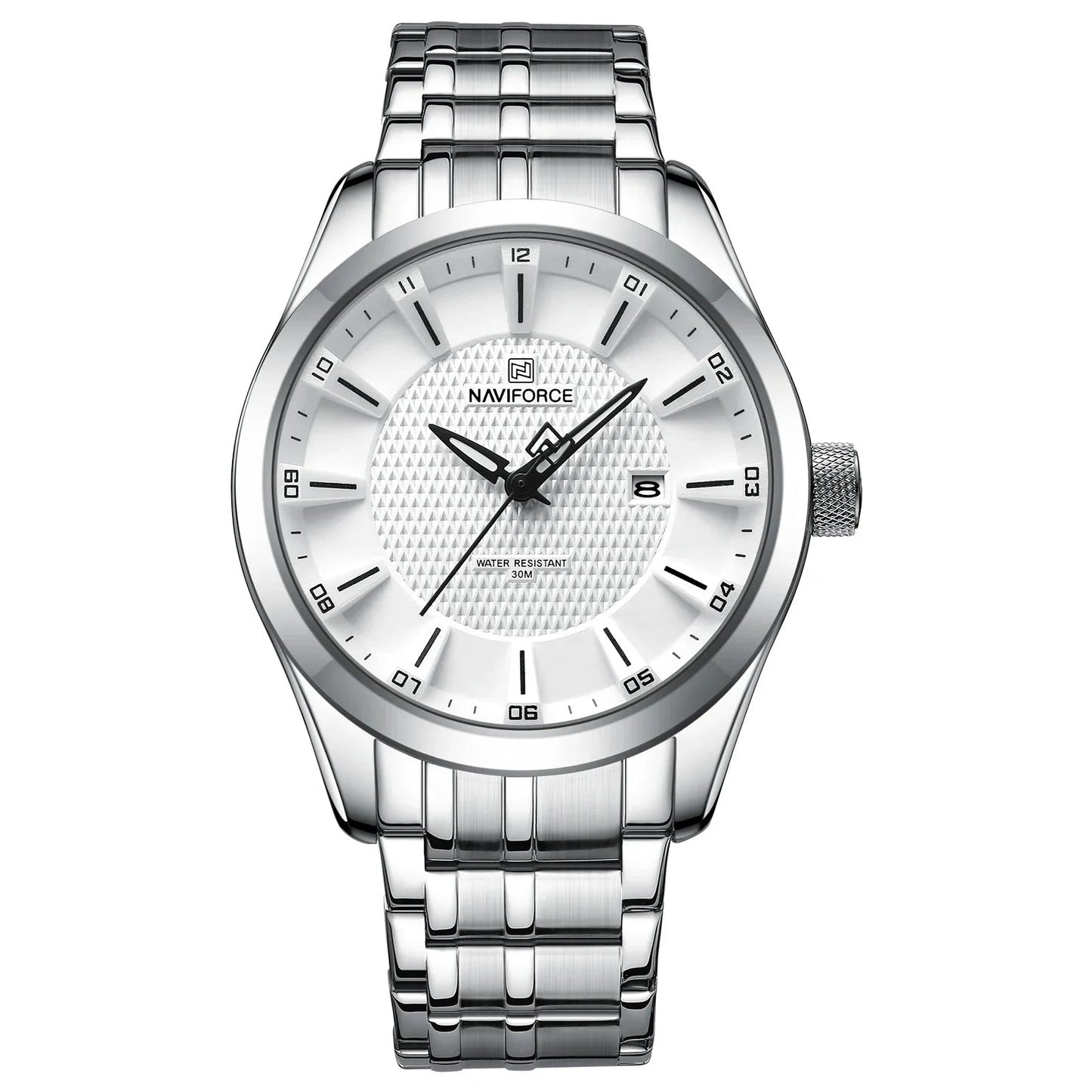 Naviforce watch with silver strap and white dial on a white background