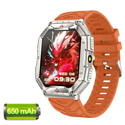 Smartwatch with orange band and dragon graphic on screen, featuring GUHUAVMI branding and product features.