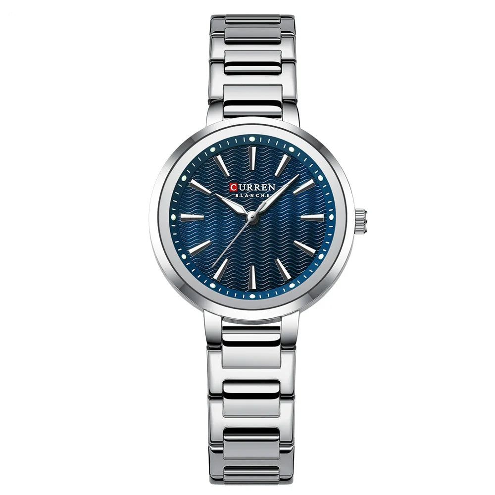 Curren watch with blue dial and silver bracelet on a white background