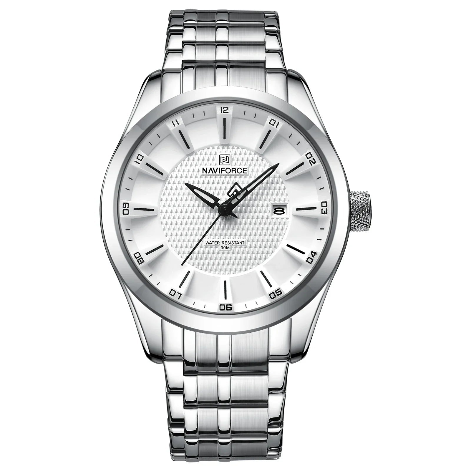 Naviforce watch with silver strap and white dial on a white background