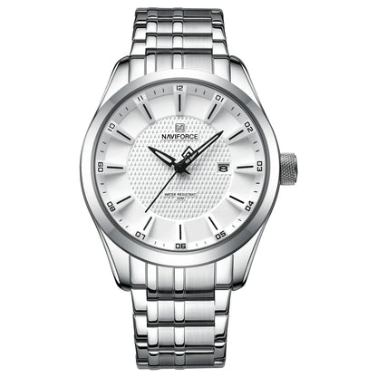 Naviforce watch with silver strap and white dial on a white background